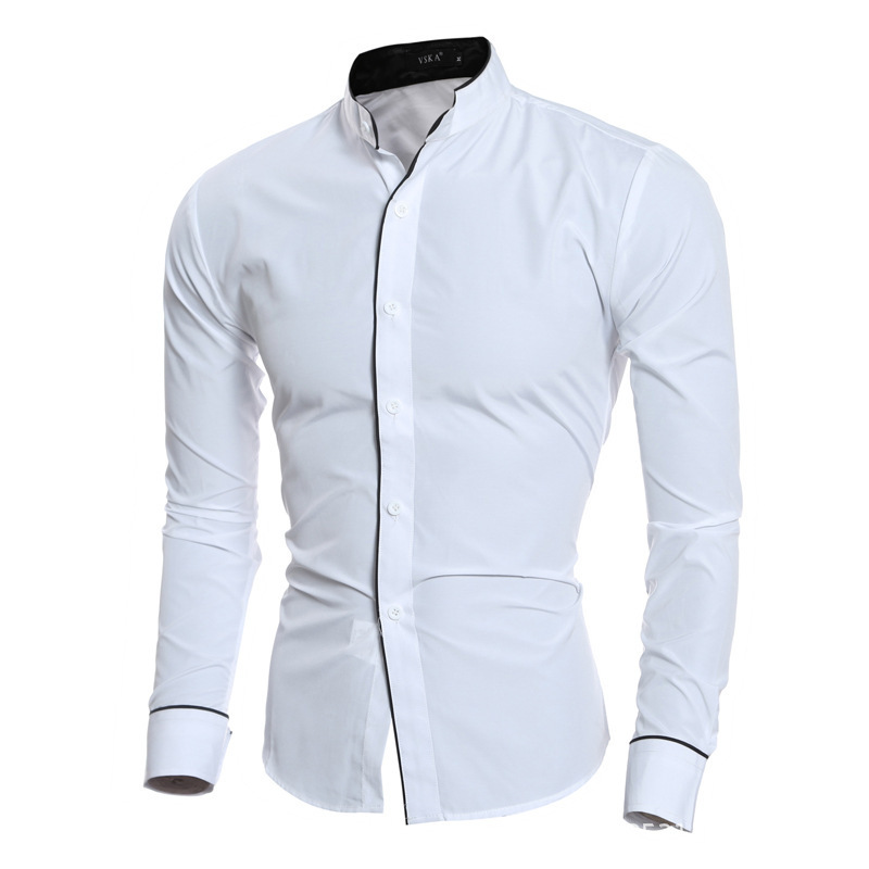 Men Slim Fit Solid Color Long  - огляд і ціна Mandarin Collar Formal Shirt Slim Fit