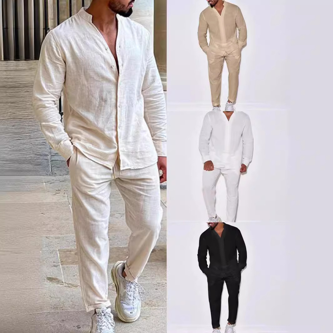 Mens Sets Linen Spring Autumn  - огляд і ціна Mens Linen Shirt Long Sleeve
